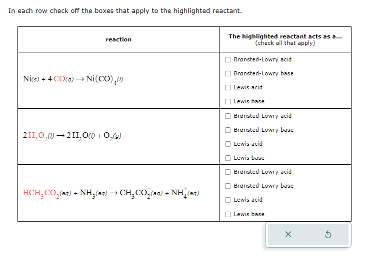 In each row check off the boxes that apply to the highlighted reactant.
reaction
Ni(s) + 4 CO(g) → Ni(CO) (1)
2 H₂O₂(1)→ 2H₂O(1) + + O₂(g)
HCH,CO,(aq) +NH,(aq) →CH,CO,(aq) +NH (aq)
The highlighted reactant acts as a...
(check all that apply)
Brønsted-Lowry acid
Brønsted-Lowry base
Lewis acid
Lewis base
Brønsted-Lowry acid
Brønsted-Lowry base
Lewis acid
Lewis base
Brønsted-Lowry acid
Brønsted-Lowry base
Lewis acid
Lewis base
x