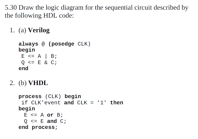 5.30 Draw the logic diagram for the sequential circuit described by
the following HDL code:
1. (a) Verilog
always @ (posedge CLK)
begin
E <= A| B;
Q <= E & C;
end
2. (b) VHDL
process (CLK) begin
if CLK'event and CLK = '1' then
begin
Е <E А or В;
Q <= E and C;
end process;
