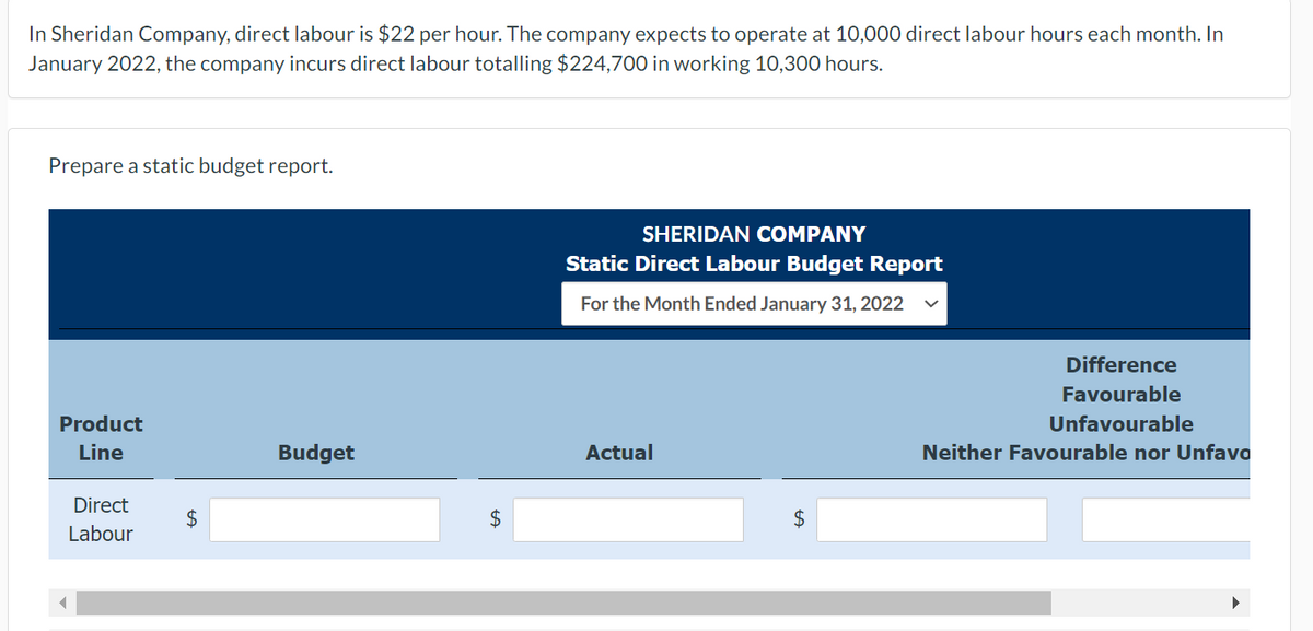 In Sheridan Company, direct labour is $22 per hour. The company expects to operate at 10,000 direct labour hours each month. In
January 2022, the company incurs direct labour totalling $224,700 in working 10,300 hours.
Prepare a static budget report.
Product
Line
Direct
Labour
$
Budget
$
SHERIDAN COMPANY
Static Direct Labour Budget Report
For the Month Ended January 31, 2022
Actual
$
Difference
Favourable
Unfavourable
Neither Favourable nor Unfavo