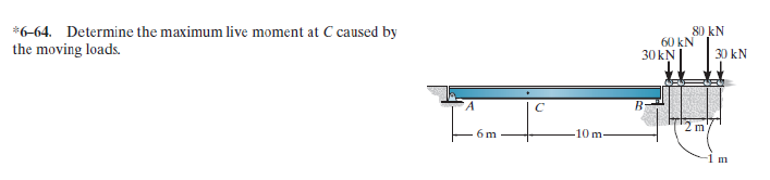 *6-64. Determine the maximum live moment at C caused by
the moving loads.
6 m
+
с
-10 m-
30 kN
B
80 kN
60 kN
2 m
30 kN
m