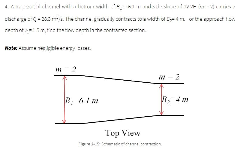 4- A trapezoidal channel with a bottom width of B₁ = 6.1 m and side slope of 1V:2H (m = 2) carries a
discharge of Q = 28.3 m³/s. The channel gradually contracts to a width of B₂= 4 m. For the approach flow
depth of y₁= 1.5 m, find the flow depth in the contracted section.
Note: Assume negligible energy losses.
m = 2
B₁-6.1 m
m
2
B₂=4 m
Top View
Figure 2-15: Schematic of channel contraction.