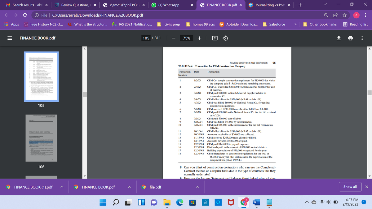 M Search results - aks X
Review Questions,
9 llemc1\P\phil3931\ ×
O (1) WhatsApp
9 FINANCE BOOK.pdf X
Journalizing vs Post X
O File | C:/Users/errab/Downloads/FINANCE%20BOOK.pdf
a
: Apps
B Free History NCERT...
Q What is the structur...
IAS 2021 Notificatio...
civils prep
homes 99 acrs
Aptoide | Downloa...
Salesforce
Other bookmarks
E Reading list
>>
FINANCE BOOK.pdf
105 / 311
75%
REVIEW QUESTIONS AND EXERCISES
95
TABLE P4.4 Transaction for CPM Construction Company
Transaction
Date
Transaction
Number
1
CPM Co. bought construction equipment for $130,000 for which
the company paid $15,000 cash and remaining on account.
CPM Co. was billed $20,000 by Smith Material Supplier for cost
of material.
CPM paid $20,000 to Smith Material Supplier related to
1/2/X4
2
2/4/X4
3/4/X4
transaction #2.
4
3/8/X4
CPM billed client for $320,000 (bill #1 on Job 101).
CPM was billed $60,000 by National Rental Co. for renting
construction equipment.
CPM received $290,000 from client for bill #1 on Job 101.
CPM paid $60,000 to the National Rental Co, for the bill received
5
4/7/X4
105
6.
5/8/X4
6/7/X4
on 4/7/X4.
CPM paid $70,000 cost of labor.
CPM was billed $45.000 by subcontractor.
CPM paid $45,000 to the subcontractor for the bill received on
8/16/X4.
PM billed client for $280,000 (bill #2 on Job 101).
8
7/3/X4
8/16/X4
10
9/16/X4
11
10/1/X4
СРМ
PROJECTLEVEL COST CONTROL
12
10/20/X4
Accounts receivable of $20,000 are collected.
11/15/X4
12/15/X4
12/25/X4 СРМ рaid $145,000 in рayroll expense.
12/30/X4
13
CPM received $265,000 from client for bill #2.
14
Accounts payable of $40,000 are paid.
15
Dividends paid in the amount of $20,000 to stockholders.
12/30/X4 Building depreciation of $30,000 recognized for the year.
12/30/X4 CPM depreciates its construction equipment for the total of
16
17
18
$65,000 each year (this includes also the depreciation of the
equipment bought on 1/2/X4.)
106
8. Can you think of construction contractors who can use the Completed-
Contract method on a regular basis due to the type of contracts that they
normally undertake?
How are the Income Statement and Balance Shoet linked when closing
FINANCE BOOK (1).pdf
FINANCE BOOK.pdf
file.pdf
Show all
4:27 PM
1
2/19/2022
...
...
II
