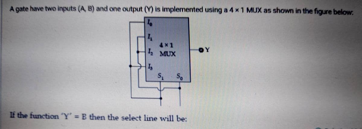 A gate have two inputs (A, B) and one output (Y) is implemented using a 4 x 1 MUX as shown in the figure below:
4x1
4 MUX
OY
If the function Y' = B then the select line will be:
