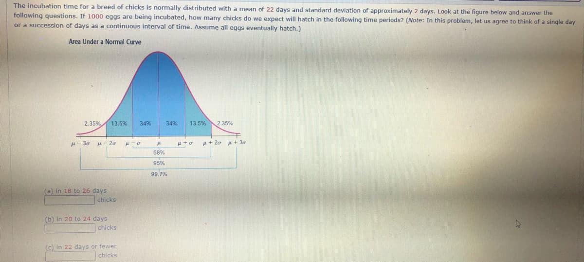 The incubation time for a breed of chicks is normally distributed with a mean of 22 days and standard deviation of approximately 2 days. Look at the figure below and answer the
following questions. If 1000 eggs are being incubated, how many chicks do we expect will hatch in the following time periods? (Note: In this problem, let us agree to think of a single day
or a succession of days as a continuous interval of time. Assume all eggs eventually hatch.)
Area Under a Normal Curve
2.35% 13.5%
34%
34%
13.5%
2.35%
u- 30 u - 20
u + 20
u+ 30
68%
95%
99.7%
(a) in 18 to 26 days
chicks
(b) in 20 to 24 days
chicks
(c) in 22 days or fewer
chicks
