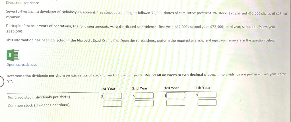 Dividends per share
Seventy-Two Inc., a developer of radiology equipment, has stock outstanding as follows: 70,000 shares of cumulative preferred 3% stock, $20 par and 400,000 shares of $25 par
common.
During its first four years of operations, the following amounts were distributed as dividends: first year, $32,000; second year, $72,000; third year, $100,000; fourth year,
$120,000.
This information has been collected in the Microsoft Excel Online file. Open the spreadsheet, perform the required analysis, and input your answers in the question below.
X
Open spreadsheet
Determine the dividends per share on each class of stock for each of the four years. Round all answers to two decimal places. If no dividends are paid in a given year, enter
."0".
Preferred stock (dividends per share)
Common stock (dividends per share)
1st Year
2nd Year
3rd Year
4th Year
