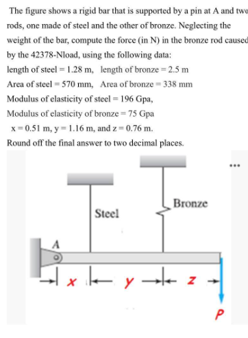 The figure shows a rigid bar that is supported by a pin at A and two
rods, one made of steel and the other of bronze. Neglecting the
weight of the bar, compute the force (in N) in the bronze rod caused
by the 42378-Nload, using the following data:
length of steel = 1.28 m, length of bronze = 2.5 m
Area of steel = 570 mm, Area of bronze = 338 mm
Modulus of elasticity of steel = 196 Gpa,
Modulus of elasticity of bronze = 75 Gpa
x= 0.51 m, y = 1.16 m, and z = 0.76 m.
Round off the final answer to two decimal places.
...
Bronze
Steel
