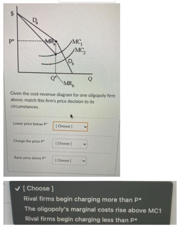 %24
MC
MC,
D
P*
MR
Given the cost-revenue diagram for one oligopoly firm
above; match this firm's price decision to its
circumstances.
Lower price below P
[Choose ]
Charge the price P
(Choose ]
Raise price above P
[ Choose ]
v [Choose ]
Rival firms begin charging more than P*
The oligopoly's marginal costs rise above MC1
Rival firms begin charging less than P*
