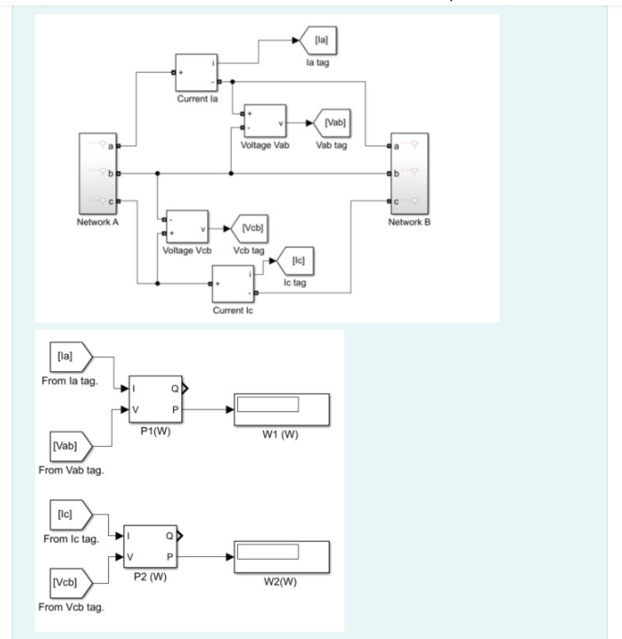 [la)
la tag
Current la
(Vab)
Vab tag
Voltage Vab
Network A
Network B
Veb)
Vcb tag
Voltage Vcb
Ic tag
Current ic
[la)
From la tag.
P1(W)
W1 (W)
Vab]
From Vab tag.
[Ic]
From Ic tag.
P2 (W)
Vcb]
W2(W)
From Vcb tag.
