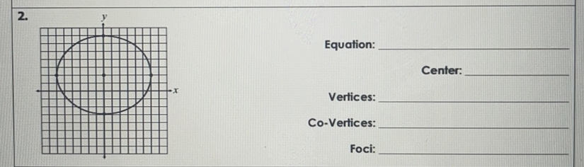 2.
Equation:
Center:
Vertices:
Co-Vertices:
Foci:
