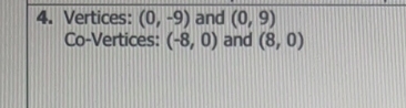 4. Vertices: (0, -9) and (0, 9)
Co-Vertices: (-8, 0) and (8, 0)

