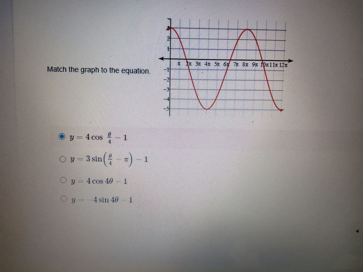 1 3T 47T ST 67 7 8T 9t 10n11 12n
Match the graph to the equation.
Oy 4 cos- -1
3 sin(--)
1.
Oy-4 cos 40-1
Oy
4 sin 40
1
