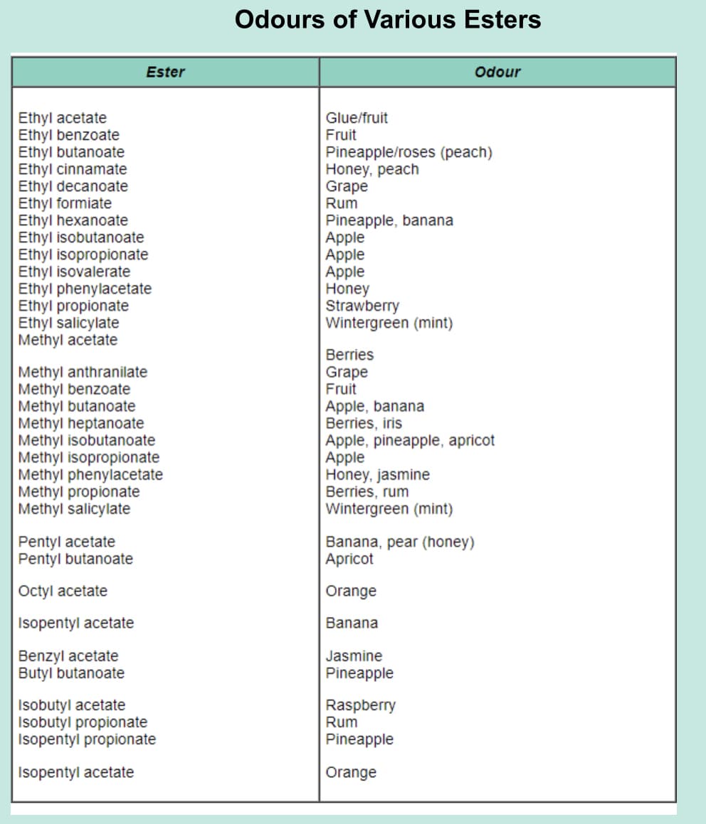 Ethyl acetate
Ethyl benzoate
Ethyl butanoate
Ethyl cinnamate
Ethyl decanoate
Ester
Odours of Various Esters
Odour
Glue/fruit
Fruit
Pineapple/roses (peach)
Honey, peach
Grape
Rum
Pineapple, banana
Ethyl formiate
Ethyl hexanoate
Ethyl isobutanoate
Apple
Ethyl isopropionate
Apple
Ethyl isovalerate
Apple
Ethyl phenylacetate
Honey
Ethyl propionate
Strawberry
Ethyl salicylate
Methyl acetate
Methyl anthranilate
Methyl benzoate
Methyl butanoate
Methyl heptanoate
Methyl isobutanoate
Methyl isopropionate
Methyl phenylacetate
Wintergreen (mint)
Berries
Grape
Fruit
Apple, banana
Berries, iris
Apple, pineapple, apricot
Apple
Honey, jasmine
Berries, rum
Wintergreen (mint)
Methyl propionate
Methyl salicylate
Pentyl acetate
Banana, pear (honey)
Pentyl butanoate
Apricot
Octyl acetate
Orange
Isopentyl acetate
Banana
Benzyl acetate
Jasmine
Butyl butanoate
Pineapple
Isobutyl acetate
Isobutyl propionate
Isopentyl propionate
Isopentyl acetate
Raspberry
Rum
Pineapple
Orange