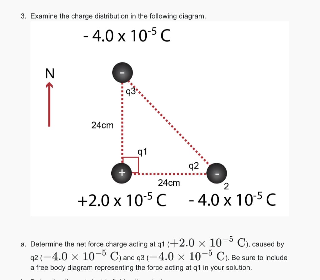 3. Examine the charge distribution in the following diagram.
N
- 4.0 x 10-5 C
24cm
+
91
24cm
+2.0 x 10-5 C
92
2
-
4.0 x 10-5 C
a. Determine the net force charge acting at 91 (+2.0 × 10
-5
-5
C), caused by
q2 (-4.0 × 10-5 C) and q3 (−4.0 × 10 C). Be sure to include
a free body diagram representing the force acting at q1 in your solution.