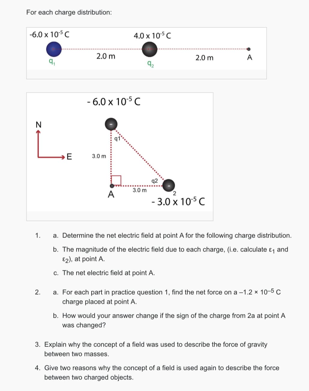 For each charge distribution:
-6.0 x 10-5 C
4.0 x 10-5 C
2.0 m
9₁
L.
- 6.0 x 10-5 C
3.0 m
A
q2
2.0 m
A
3.0 m
2
- 3.0 x 10-5 C
1.
2.
a. Determine the net electric field at point A for the following charge distribution.
b. The magnitude of the electric field due to each charge, (i.e. calculate ε₁ and
ε2), at point A.
c. The net electric field at point A.
a. For each part in practice question 1, find the net force on a -1.2 × 10-5 C
charge placed at point A.
b. How would your answer change if the sign of the charge from 2a at point A
was changed?
3. Explain why the concept of a field was used to describe the force of gravity
between two masses.
4. Give two reasons why the concept of a field is used again to describe the force
between two charged objects.