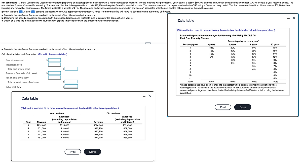 Net cash flows Central Laundry and Cleaners is considering replacing an existing piece of machinery with a more sophisticated machine. The old machine was purchased 3 years ago at a cost of $50,300, and this amount was being depreciated under MACRS using a 5-year recovery period. The
machine has 5 years of usable life remaining. The new machine that is being considered costs $76,100 and requires $4,400 in installation costs. The new machine would be depreciated under MACRS using a 5-year recovery period. The firm can currently sell the old machine for $55,900 without
incurring any removal or cleanup costs. The firm is subject to a tax rate of 21%. The revenues and expenses (excluding depreciation and interest) associated with the new and the old machines for the next 5 years are
given in the table. (Table
contains the applicable MACRS depreciation percentages.) Note: The new machine will have no terminal value at the end of 5 years.
a. Calculate the initial cash flow associated with replacement of the old machine by the new one.
b. Determine the periodic cash flows associated with the proposed replacement. (Note: Be sure to consider the depreciation in year 6.)
c. Depict on a time line the net cash flows found in parts (a) and (b) associated with the proposed replacement decision.
a. Calculate the initial cash flow associated with replacement of the old machine by the new one.
Calculate the initial cash flow below: (Round to the nearest dollar.)
Cost of new asset
Installation costs
Total cost of new asset
Proceeds from sale of old asset
Tax on sale of old asset
Total proceeds, sale of old asset
Initial cash flow
Data table
Year
1
$
2 3 4 5
$
(Click on the icon here in order to copy the contents of the data table below into a spreadsheet.)
New machine
Revenue
$751,000
751,000
751,000
751,000
751,000
$
CA
Expenses
(excluding depreciation
and interest)
$719,400
719,400
719,400
719,400
719,400
Print
Revenue
$674,200
676,200
680,200
678,200
674,200
Done
Old machine
Expenses
(excluding depreciation
and interest)
$659,500
659,500
659,500
659,500
659,500
X
Data table
(Click on the icon here in order to copy the contents of the data table below into a spreadsheet.)
Rounded Depreciation Percentages by Recovery Year Using MACRS for
First Four Property Classes
Recovery year
1
2
3
10 years
10%
18%
14%
4
12%
9%
5
8%
6
7
7%
6%
8
6%
9
6%
10
11
4%
100%
100%
100%
100%
Totals
*These percentages have been rounded to the nearest whole percent to simplify calculations while
retaining realism. To calculate the actual depreciation for tax purposes, be sure to apply the actual
unrounded percentages or directly apply double-declining balance (200%) depreciation using the half-year
convention.
3 years
33%
45%
15%
7%
Percentage by recovery year*
years
7 years
14%
5
20%
32%
25%
19%
12%
12%
5%
Print
Done
18%
12%
9%
9%
9%
4%
X