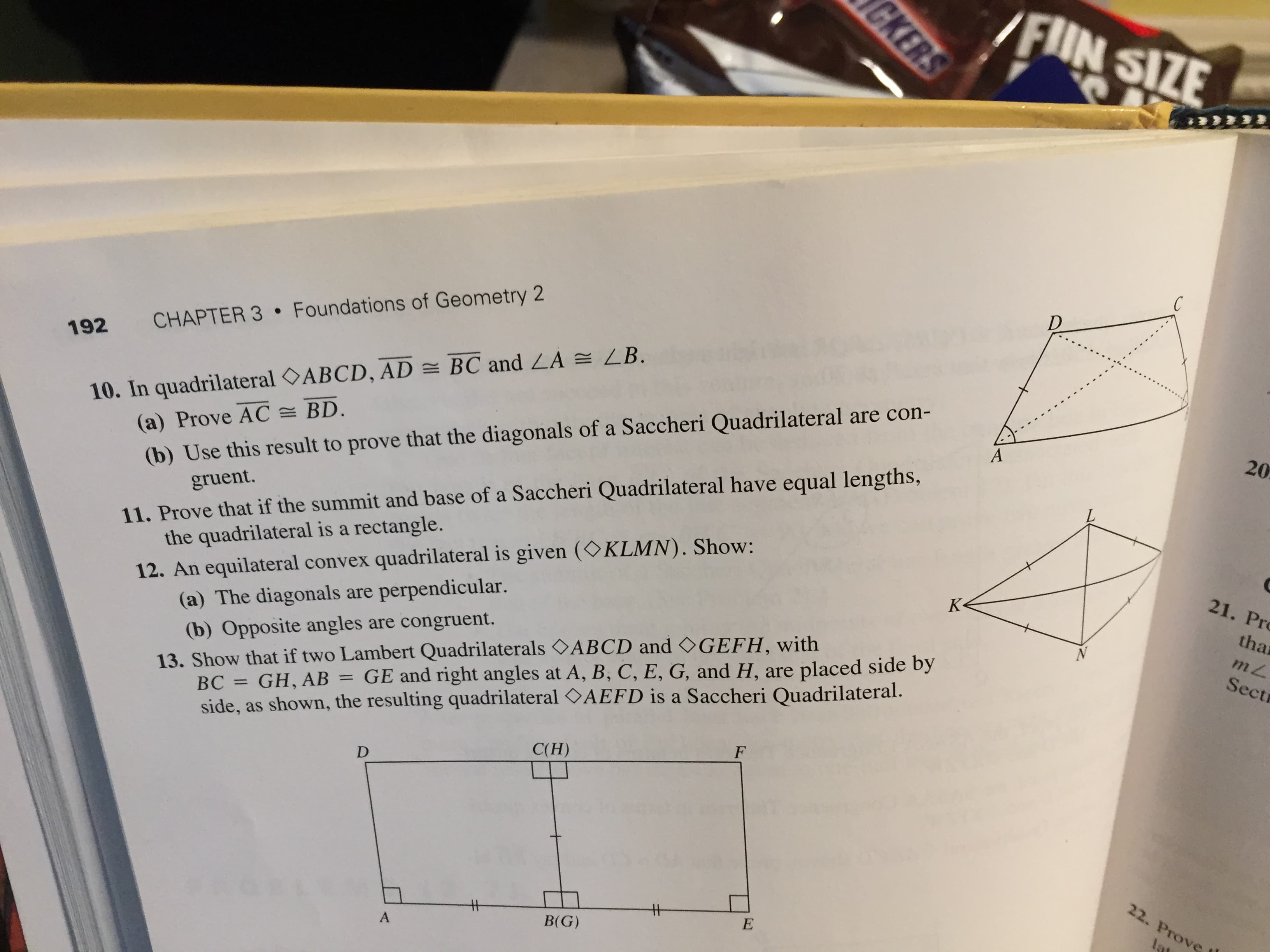 10. In quadrilateral OABCD, AD = BC and ZA = LB.
(a) Prove AC = BD.
(b) Use this result to prove that the diagonals of a Saccheri Quadrilateral are con-
gruent.
of a Saccheri Quadrilateral have equal lengths,
