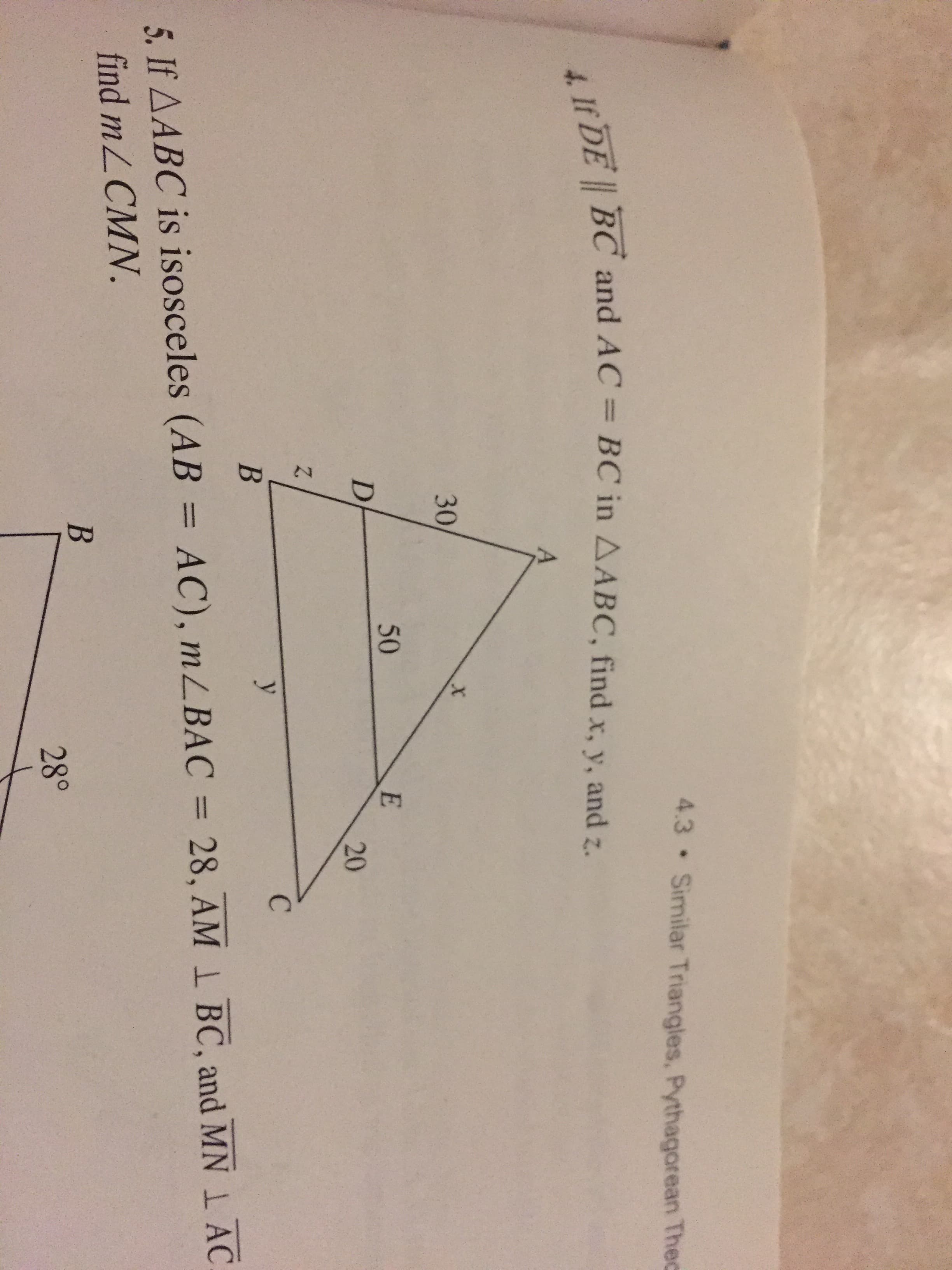 59
4.3 Similar Triangles, Pytha
4. If DE BC and AC BC in AABC, find x, y, and z.
30
50
20
C
