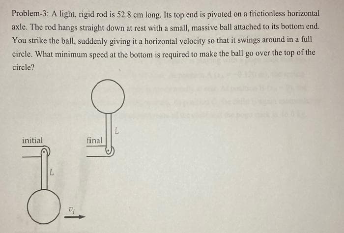 Problem-3: A light, rigid rod is 52.8 cm long. Its top end is pivoted on a frictionless horizontal
axle. The rod hangs straight down at rest with a small, massive ball attached to its bottom end.
You strike the ball, suddenly giving it a horizontal velocity so that it swings around in a full
circle. What minimum speed at the bottom is required to make the ball go over the top of the
circle?
initial
L
Vi
9
final