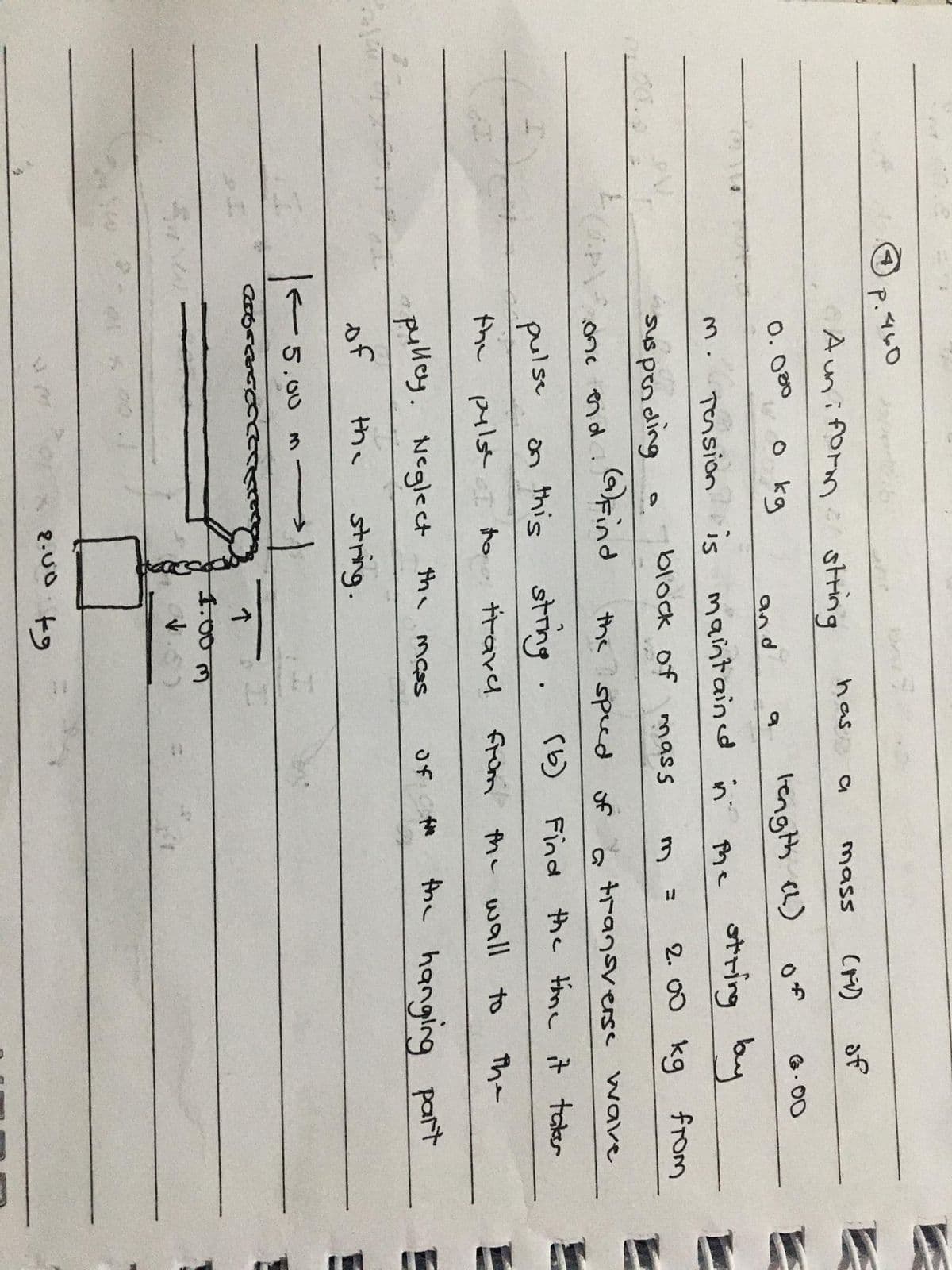 P.460
Auniform stting
has
CM)
of
mass
O. 080
o kg
tength cL)
6. 00
and
Tension n
is maint ained
in' Phe otring
suspending
block of
mass
2. 00 kg from
.@Find
the speed of
onc end
transverse ware
pulse
on this string.
(ら
Find the tme it taer
the pulstI to
travd frün the wall to
The
pulley.
Ahe hanging part
Neglecct the
Mcss
of
the
string.
5.00 m
1.00m
