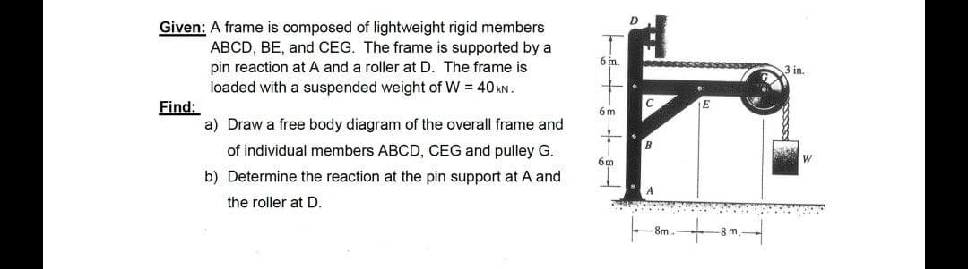 Given: A frame is composed of lightweight rigid members
ABCD, BE, and CEG. The frame is supported by a
pin reaction at A and a roller at D. The frame is
loaded with a suspended weight of W = 40 kN.
Find:
a) Draw a free body diagram of the overall frame and
of individual members ABCD, CEG and pulley G.
b) Determine the reaction at the pin support at A and
the roller at D.
6 mm.
6 m
6m
D
8 m.
3 in.
W