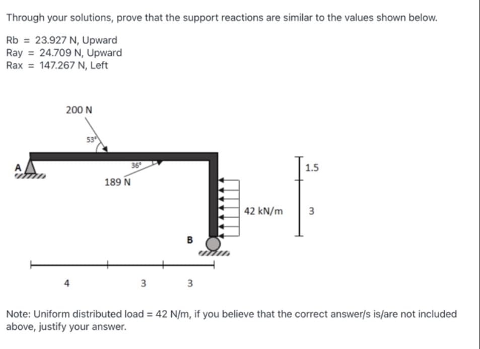 Through your solutions, prove that the support reactions are similar to the values shown below.
Rb = 23.927 N, Upward
Ray = 24.709 N, Upward
Rax = 147.267 N, Left
200 N
53
36
1.5
189 N
42 kN/m
3
B
4
3
3
Note: Uniform distributed load = 42 N/m, if you believe that the correct answer/s is/are not included
above, justify your answer.
