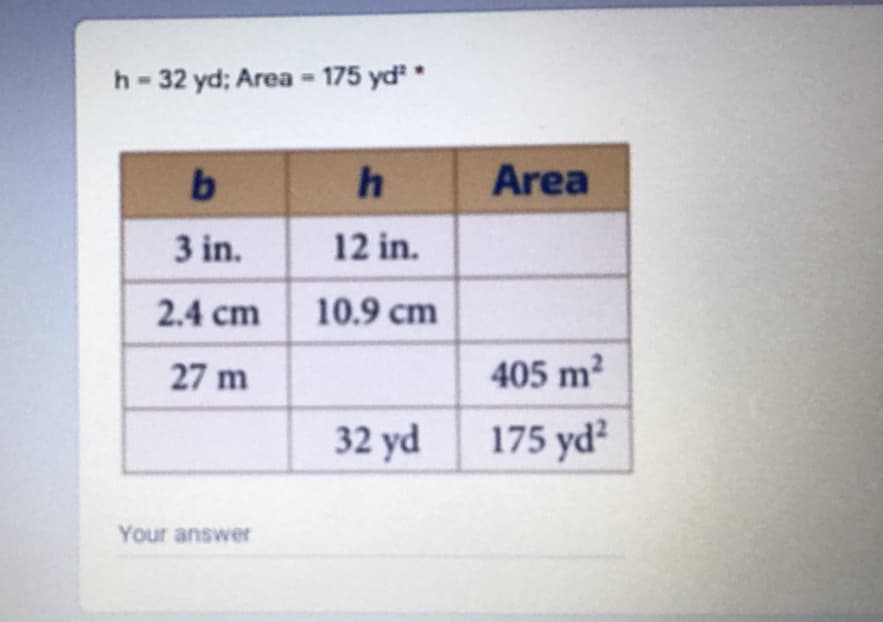 h- 32 yd; Area 175 yd
Area
3 in.
12 in.
2.4 cm
10.9 cm
27 m
405 m?
32 yd
175 yd?
Your answer
