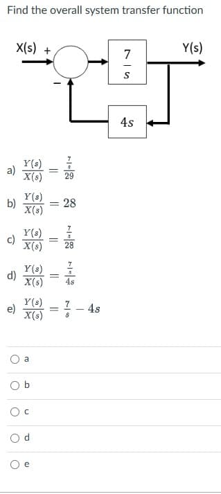 Find the overall system transfer function
X(s) +
a)
b)
d)
e)
O
Y(s)
X(s) 29
Y(s)
X(s)
Y(s)
X(s)
Y(s)
X(s) 28
a
b
O C
=
O
P
= 28
Y(s)
X(s) 8
e
=
=
=
=
4s
7
S
4s
Y(s)