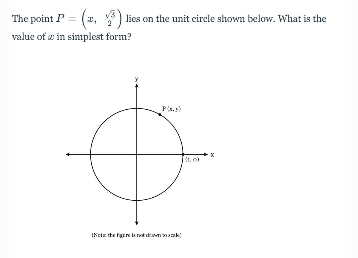 The point P = (x, v3)
lies on the unit circle shown below. What is the
2
value of x in simplest form?
y
P (x, y)
X
(1, 0)
(Note: the figure is not drawn to scale)
