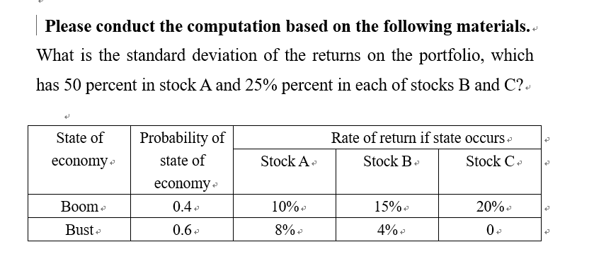 Please conduct the computation based on the following materials.
What is the standard deviation of the returns on the portfolio, which
has 50 percent in stock A and 25% percent in each of stocks B and C?
State of
economy
Boom Ⓡ
Bust P
Probability of
state of
economy
0.4
0.6 +
Stock A
10%
8%
Rate of return if state occurs P
Stock B
Stock C+
15%
4% +
20%
0- +
+
2
+