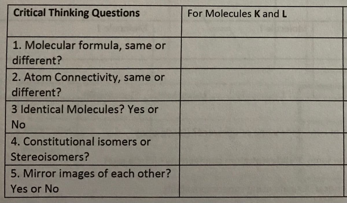 Critical Thinking Questions
For Molecules K and L
1. Molecular formula, same or
different?
2. Atom Connectivity, same or
different?
3 ldentical Molecules? Yes or
No
4. Constitutional isomers or
Stereoisomers?
5. Mirror images of each other?
Yes or No
