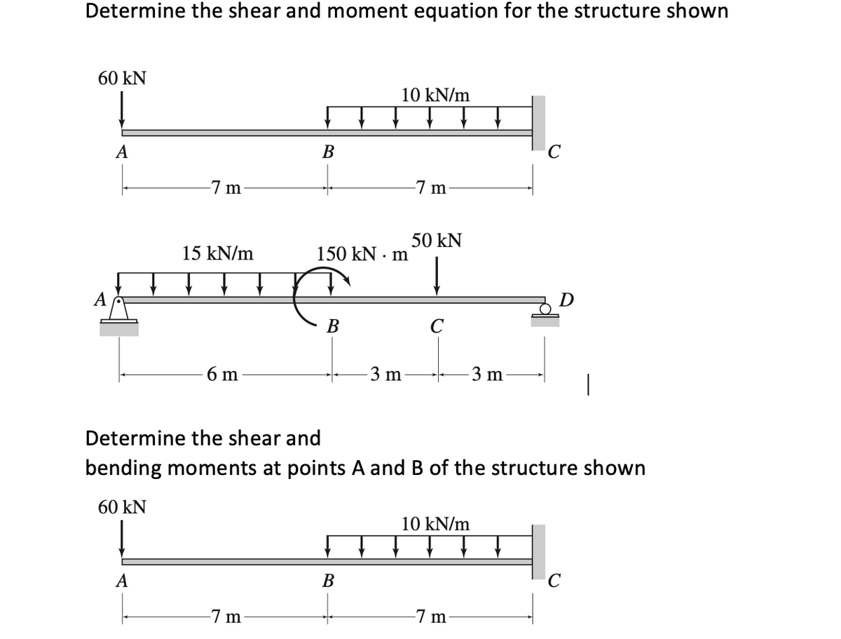 Determine the shear and moment equation for the structure shown
60 kN
10 kN/m
A
В
-7 m
7 m
50 kN
• m
15 kN/m
150 kN -
B
C
6 m
3 m
3 m
|
Determine the shear and
bending moments at points A and B of the structure shown
60 kN
10 kN/m
A
В
7 m
7 m
