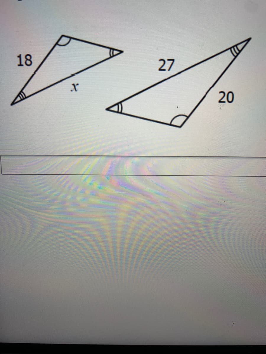 ### Exploring Similar Triangles

When studying geometry, particularly the properties of triangles, a useful concept is that of similar triangles. Triangles are considered similar if their corresponding angles are equal and their corresponding sides are in proportion.

**Example Problem: Finding the Unknown Side**

Below are two similar right triangles. We'll use the fact that the corresponding sides of similar triangles are proportional to find the unknown side length, \( x \).

#### Diagram Explanation:

In the image, we have two right triangles:

1. The first triangle has sides labeled as 18, \( x \), and an included angle.
2. The second triangle has sides labeled as 27, 20, and the same included angle.

#### Step-by-Step Solution:

1. **Identify Corresponding Sides:**
   - The triangle with sides 18 and \( x \) is similar to the triangle with sides 27 and 20.
   - This similarity sets up a proportion between the corresponding sides of the two triangles.

2. **Set Up Proportions:**
   - By the property of similar triangles:
   \[
   \frac{18}{27} = \frac{x}{20}
   \]

3. **Solve for \( x \):**
   - Simplify the proportion:
   \[
   \frac{18}{27} = \frac{2}{3}
   \]
   - Now, write the proportion from the similar triangles:
   \[
   \frac{2}{3} = \frac{x}{20}
   \]
   - Cross-multiply to solve for \( x \):
   \[
   2 \cdot 20 = 3 \cdot x \implies 40 = 3x \implies x = \frac{40}{3} \implies x = 13.\overline{3}
   \]

Therefore, the length of the side \( x \) in the first triangle is approximately \( 13.\overline{3} \).

Understanding the principle of similar triangles and the method of setting up proportions is crucial in solving these kinds of geometric problems. It allows you to find missing lengths and understand the relationships between different parts of geometric figures.
