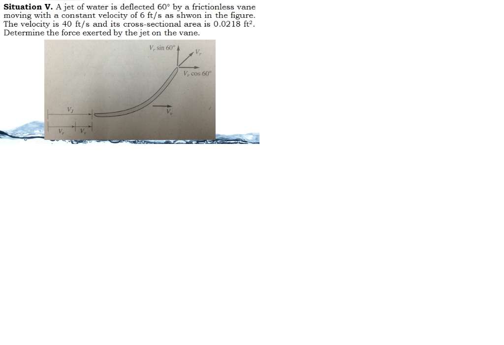 Situation V. A jet of water is deflected 60° by a frictionless vane
moving with a constant velocity of 6 ft/s as shwon in the figure.
The velocity is 40 ft/s and its cross-sectional area is 0.0218 ft2.
Determine the force exerted by the jet on the vane.
V, sin 60° A
V, cos 60°
