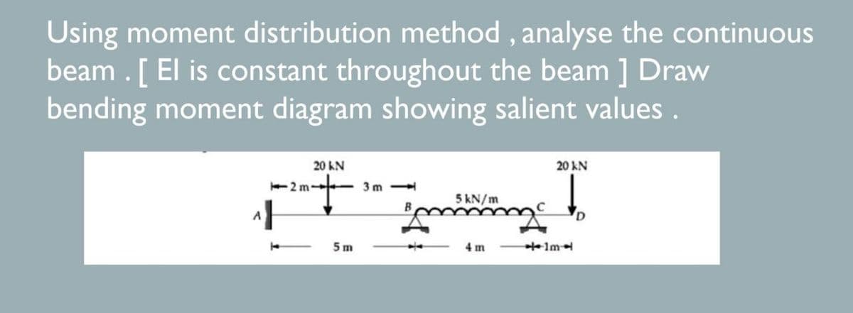 Using moment distribution method, analyse the continuous
beam. [ El is constant throughout the beam ] Draw
bending moment diagram showing salient values.
A|
20 KN
2m-
5m
3m-
5 kN/m
4 m
C
20 KN
nheim g
D