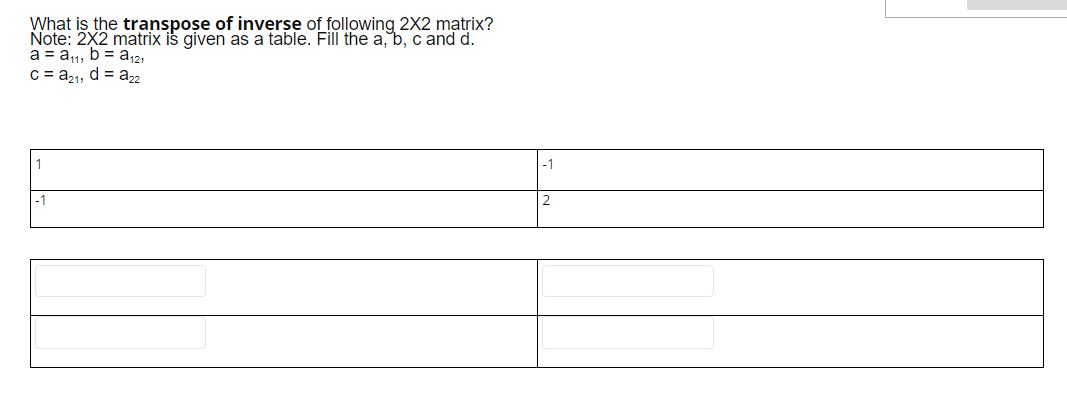 What is the transpoșe of inverse of following 2X2 mạtrix?
Note: 2X2 matrix is given as a table. Fill the a, b, c and d.
a = a1, b = a12,
C = a21, d = a2
1
-1
