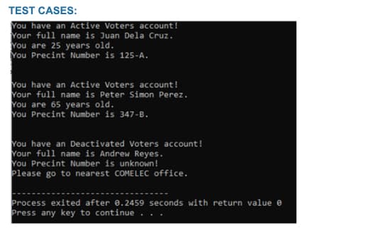 TEST CASES:
You have an Active Voters account!
Your full name is Juan Dela Cruz.
You are 25 years old.
You Precint Number is 125-A.
You have an Active Voters account!
Your full name is Peter Simon Perez.
You are 65 years old.
You Precint Number is 347-B.
You have an Deactivated Voters account!
Your full name is Andrew Reyes.
You Precint Number is unknown!
Please go to nearest COMELEC office.
Process exited after 0.2459 seconds with return value >
Press any key to continue.