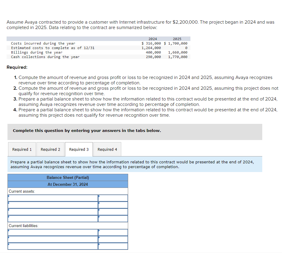 Assume Avaya contracted to provide a customer with Internet infrastructure for $2,200,000. The project began in 2024 and was
completed in 2025. Data relating to the contract are summarized below:
Costs incurred during the year
Estimated costs to complete as of 12/31
Billings during the year
Cash collections during the year
Required:
1. Compute the amount of revenue and gross profit or loss to be recognized in 2024 and 2025, assuming Avaya recognizes
revenue over time according to percentage of completion.
2. Compute the amount of revenue and gross profit or loss to be recognized in 2024 and 2025, assuming this project does not
qualify for revenue recognition over time.
3. Prepare a partial balance sheet to show how the information related to this contract would be presented at the end of 2024,
assuming Avaya recognizes revenue over time according to percentage of completion.
4. Prepare a partial balance sheet to show how the information related to this contract would be presented at the end of 2024,
assuming this project does not qualify for revenue recognition over time.
2024
2025
$ 316,000 $1,700,000
1,264,000
Complete this question by entering your answers in the tabs below.
Current assets:
400,000 1,660,000
290,000 1,770,000
Required 1 Required 2 Required 3 Required 4
Prepare a partial balance sheet to show how the information related to this contract would be presented at the end of 2024,
assuming Avaya recognizes revenue over time according to percentage of completion.
Current liabilities:
Balance Sheet (Partial)
At December 31, 2024