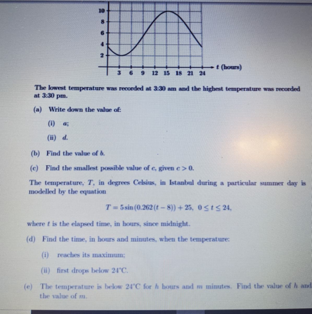 10
t (hours)
6.
12 15 18 21 24
The lowest temperature was recorded at 3:30 am and the highest temperature was recorded
at 3:30 pm.
(a) Write down the value of:
(1) a;
(ii) d.
(b) Find the value of b.
(c) Find the smallest possible value of e, given e> 0.
The temperature, T, in degrees Celsius, in Istanbul during a particular summer day is
modelled by the equation
T= 5 sin (0.262 (t-8)) +25, 0StS 24,
where t is the elapsed time, in hours, since midnight.
(d) Find the time, in hours and minutes, when the temperature:
(1) reaches its maximum
(i1) first drops below 24 C.
(0) The temperature is bekow 24'C for A bours and m minutes Find the value of h and
the value of m.
