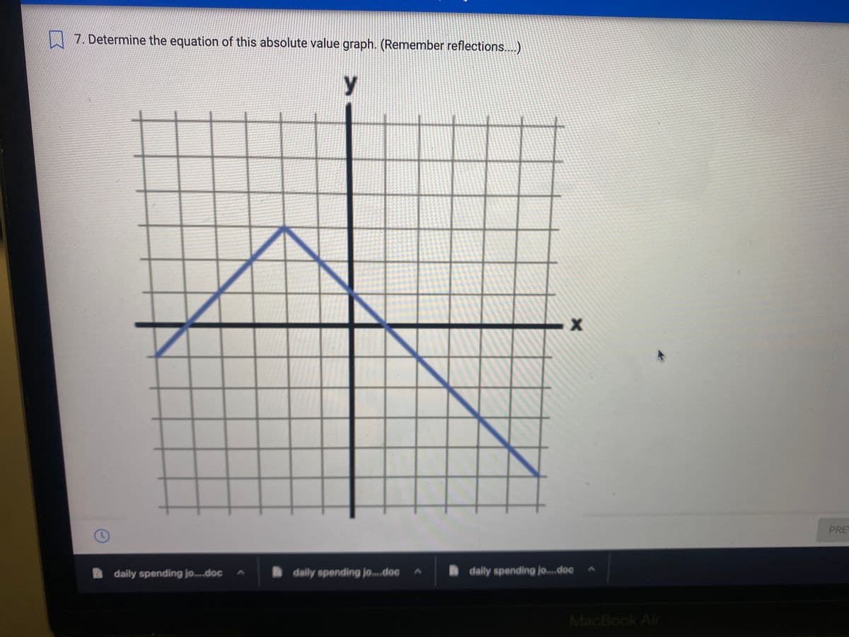 N 7. Determine the equation of this absolute value graph. (Remember reflections..)
y
PRET
daily spending jo..doc
daily spending jo..doc
daily spending jo.e«doe
MacBook Air
