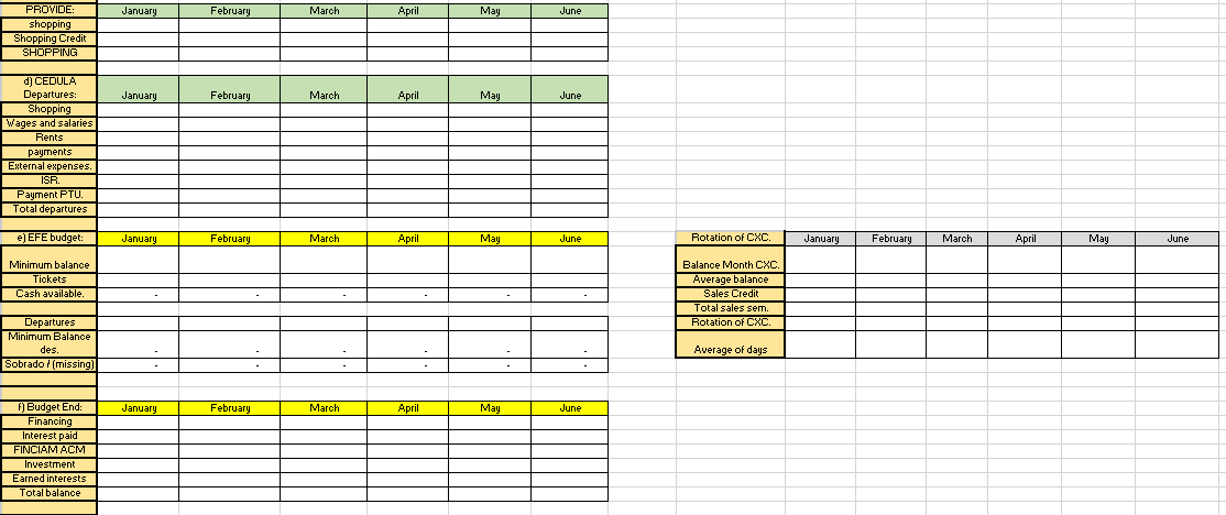 PROVIDE:
shopping
Shopping Credit
January
February
April
March
May
June
SHOPPING
d) CEDULA
Departures:
Shopping
Wages and salaries
Rents
January
February
March
April
May
June
payments
External expenses.
ISR.
Payment PTU.
Total departures
e) EFE budget:
January
February
March
April
May
Rotation of CXC.
June
January
February
March
April
May
June
Minimum balance
Tickets
Balance Month CXC.
Average balance
Sales Credit
Cash available.
Total sales sem.
Departures
Minimum Balance
des
Sobrado / (missing
Rotation of CXC
Average of days
)Budget End:
Financing
Interest paid
January
February
March
April
May
June
FINCIAM ACM
Investment
Earned interests
Total balance
