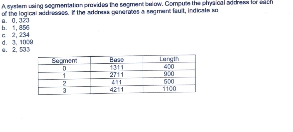 A system using segmentation provides the segment below. Compute the physical address for each
of the logical addresses. If the address generates a segment fault, indicate so
а. 0, 323
b. 1, 856
C. 2, 234
d. 3, 1009
е. 2, 533
Length
400
900
Segment
Base
1311
1
2711
2
411
500
3
4211
1100
