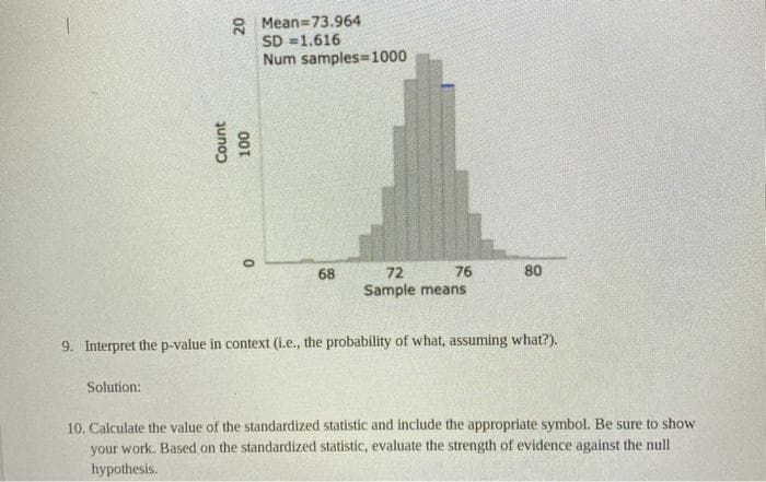 8 Mean=73.964
SD =1.616
Num samples=1000
68
72
76
80
Sample means
9. Interpret the p-value in context (i.e., the probability of what, assuming what?).
Solution:
10. Calculate the value of the standardized statistic and include the appropriate symbol. Be sure to show
your work. Based on the standardized statistic, evaluate the strength of evidence against the null
hypothesis.
Count
001
