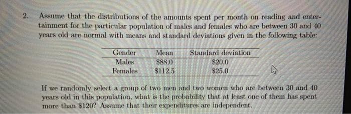 Assume that the distributions of the amounts spent per month on reading and enter-
tainment for the particular population of males and females who are between 30 and 40
years old are normal with means and standard deviations given in the following table:
2.
Gender
Males
Mean
$88.0
Standard deviation
$20.0
$25.0
Females
$112.5
If we randomly select a group of two men and two women who are between 30 and 40
years old in this population, what is the probability that at least one of them has spent
more than $120? Assume that their expenditures are independent.
