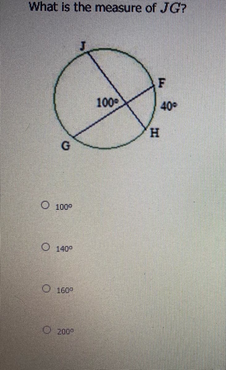 What is the measure of JG?
100
40
H.
O 100
O 140
160
O2009
