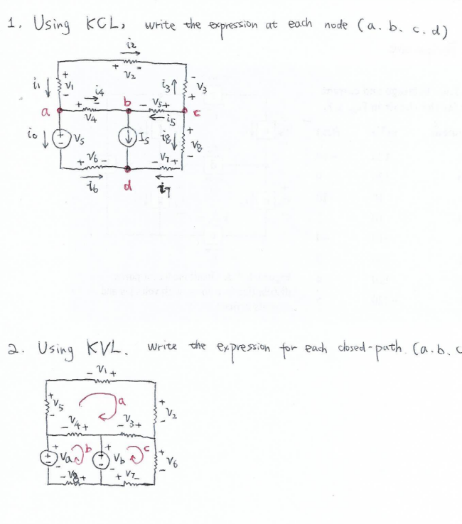 ### Electrical Circuit Analysis using Kirchhoff's Laws

#### 1. Kirchhoff's Current Law (KCL)

Using KCL, we write the expression for the current at each node (a, b, c, d).

**Circuit Diagram Overview:**

The circuit shown includes the following components:
- Several resistors and voltage sources.
- Nodes labeled as a, b, c, d.
- Various currents labeled \( i_1, i_2, i_3, i_4, i_5, i_6, i_7 \).
- Voltage sources labeled \( V_1, V_2, V_3, V_4, V_5, V_6, V_7 \).
- A current source labeled \( I_S \).

**1. Nodes Description:**
- **Node a:** Intersection of \( i_0, i_1, i_4, \) and the voltage source \( V_1 \).
- **Node b:** Intersection of \( i_1, i_2, i_5, I_S \), and the voltage source \( V_4 \).
- **Node c:** Intersection of \( i_3, i_5, i_6 \), and the voltage source \( V_6 \).
- **Node d:** Intersection of \( i_6, i_7, \) and the voltage source \( V_7 \).

---

#### 2. Kirchhoff's Voltage Law (KVL)

Using KVL, write the expression for the voltage around each closed path (a, b, c).

**Circuit Diagram Overview:**

1. **Loop a**:
    - Contains voltage sources \( -V_1 \), \( V_5 \), \( V_4 \)
    - Contains resistors \( R_1, R_2 \)

2. **Loop b**:
    - Contains voltage sources \( V_3 \), \( V_2 \)
    - Contains resistors \( R_3, R_4 \)

3. **Loop c**:
    - Contains voltage sources \( -V_6 \), \( -V_7 \)
    - Contains resistors \( R_5, R_6 \)

---

This information can be utilized for educational purposes to teach Kirchhoff's Circuit Laws in an Electrical Engineering curriculum. Understanding the principles of KCL and KVL is fundamental for the analysis and design of electronic circuits.