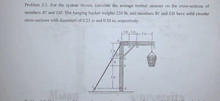 Problem 3.1. For the system shown, calculate the average normal stresses on the cross-sections of
members BI and GH. The hanging bucket weights 250 Ib, and members B1 and GH have solid circular
cross-sections with diameters of 0.25 in and 0.50 in, respectively.
