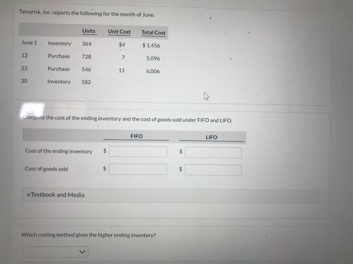 ### Inventory and Cost Accounting: FIFO and LIFO Methods

#### Tamarisk, Inc. reports the following for the month of June.

| Date   | Description | Units | Unit Cost | Total Cost |
|--------|-------------|-------|-----------|------------|
| June 1 | Inventory   | 364   | $4        | $1,456     |
| 12     | Purchase    | 728   | $7        | $5,096     |
| 23     | Purchase    | 546   | $11       | $6,006     |
| 30     | Inventory   | 182   |           |            |

#### Task:
Compute the cost of the ending inventory and the cost of goods sold under FIFO and LIFO.

**For FIFO (First-In, First-Out) method:**
- **Cost of the ending inventory:**
- **Cost of goods sold:**

**For LIFO (Last-In, First-Out) method:**
- **Cost of the ending inventory:**
- **Cost of goods sold:**

#### Instructions:
1. Calculate the costs using the FIFO method, where the first items added to inventory are the first ones sold.
2. Calculate the costs using the LIFO method, whereby the last items added to inventory are the first ones sold.

*eTextbook and Media*

#### Question:
**Which costing method gives the higher ending inventory?**
- [Dropdown menu to select the answer]

---

In this exercise, students are asked to compute and compare the cost of ending inventory and cost of goods sold using two different inventory costing methods, FIFO and LIFO. The data provided includes initial inventory, purchases throughout the month of June, and the ending inventory. By understanding both FIFO and LIFO methods, students will be able to see how different accounting methods affect the financial reporting of a company.