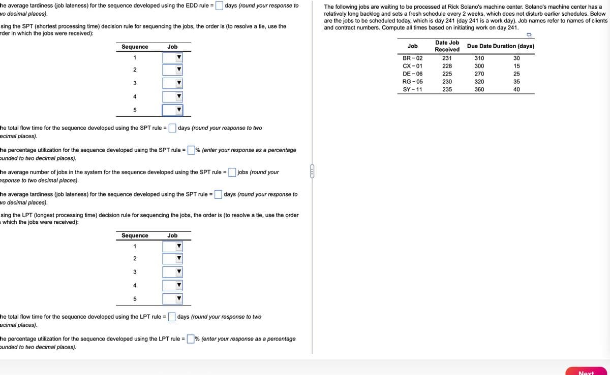 he average tardiness (job lateness) for the sequence developed using the EDD rule =
vo decimal places).
Using the SPT (shortest processing time) decision rule for sequencing the jobs, the order is (to resolve a tie, use the
rder in which the jobs were received):
Sequence
Job
1
2
I
3
4
5
he total flow time for the sequence developed using the SPT rule =
ecimal places).
he percentage utilization for the sequence developed using the SPT rule =
Dunded to two decimal places).
he average number of jobs in the system for the sequence developed using the SPT rule =
esponse to two decimal places).
he average tardiness (job lateness) for the sequence developed using the SPT rule =
vo decimal places).
Sequence
1
2
3
4
days (round your response to
days (round your response to two
5
sing the LPT (longest processing time) decision rule for sequencing the jobs, the order is (to resolve a tie, use the order
n which the jobs were received):
he total flow time for the sequence developed using the LPT rule =
ecimal places).
% (enter your response as a percentage
Job
jobs (round your
days (round your response to
days (round your response to two
he percentage utilization for the sequence developed using the LPT rule=% (enter your response as a percentage
Dunded to two decimal places).
C
The following jobs are waiting to be processed at Rick Solano's machine center. Solano's machine center has a
relatively long backlog and sets a fresh schedule every 2 weeks, which does not disturb earlier schedules. Below
are the jobs to be scheduled today, which is day 241 (day 241 is a work day). Job names refer to names of clients
and contract numbers. Compute all times based on initiating work on day 241.
Job
BR-02
CX-01
DE - 06
RG-05
SY - 11
Date Job
Received
231
228
225
230
235
Due Date Duration (days)
310
300
270
320
360
30
15
25
35
40
Next