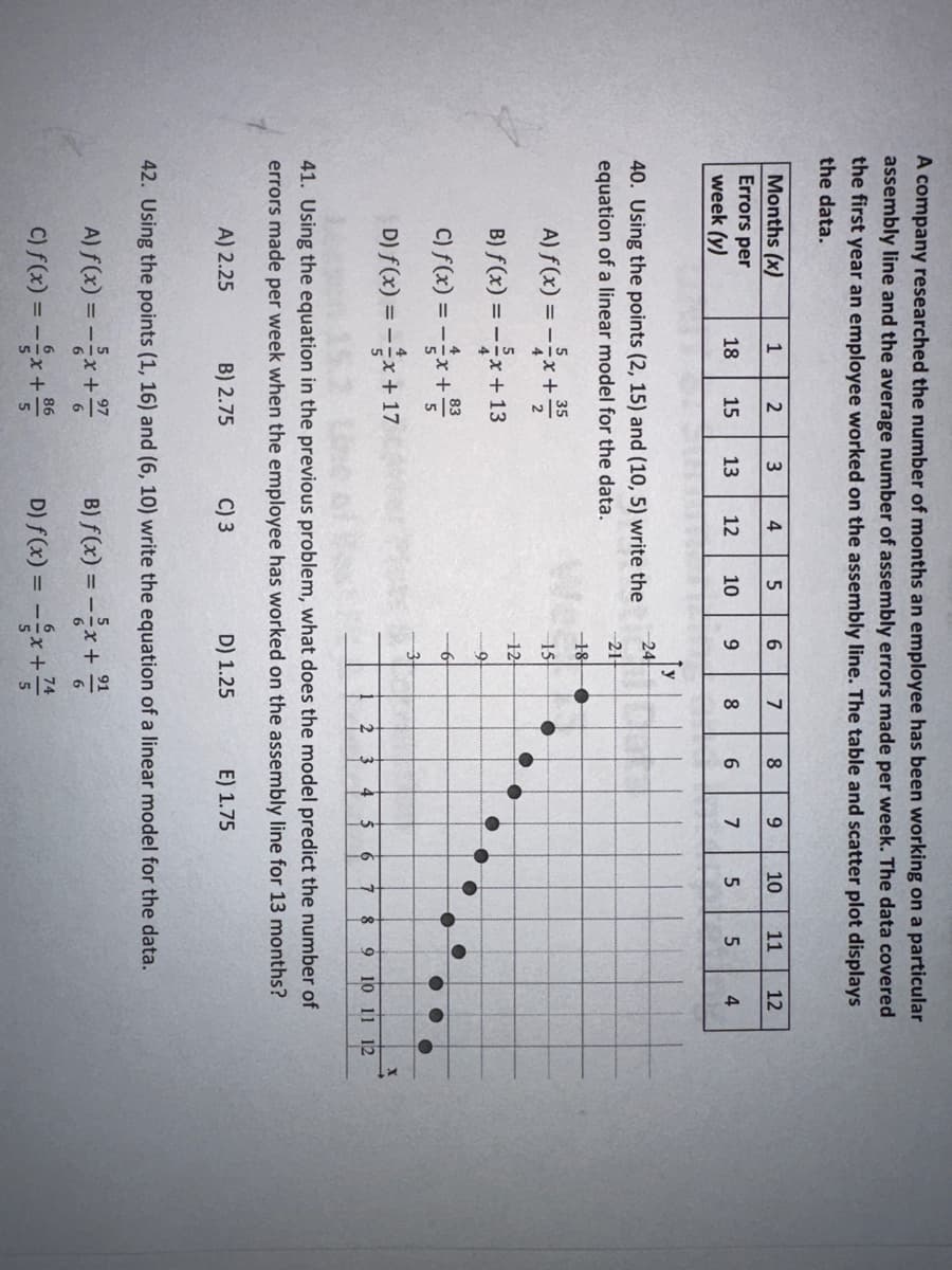 A company researched the number of months an employee has been working on a particular
assembly line and the average number of assembly errors made per week. The data covered
the first year an employee worked on the assembly line. The table and scatter plot displays
the data.
Months (x)
Errors per
week (y)
1
3
5
18 15 13 12 10
2
5
A) f(x) ===x+
40. Using the points (2, 15) and (10, 5) write the
equation of a linear model for the data.
+35
B) f(x) = -x + 13
4
83
C) f(x) = -x +3³
D) f(x) = -x + 17
6
9
86
24
21
-18
15
-12
y
7 8
8
6
9
7
74
$
6
10 11 12
5
5
7
8
41. Using the equation in the previous problem, what does the model predict the number of
errors made per week when the employee has worked on the assembly line for 13 months?
A) 2.25
B) 2.75
C) 3
D) 1.25
E) 1.75
42. Using the points (1, 16) and (6, 10) write the equation of a linear model for the data.
5
97
A) f(x) =
-³x+²/7/
B) f(x) = -³x+²/1
C) f(x) = -x +
D) f(x) = -x +
4
9 10 11 12
X