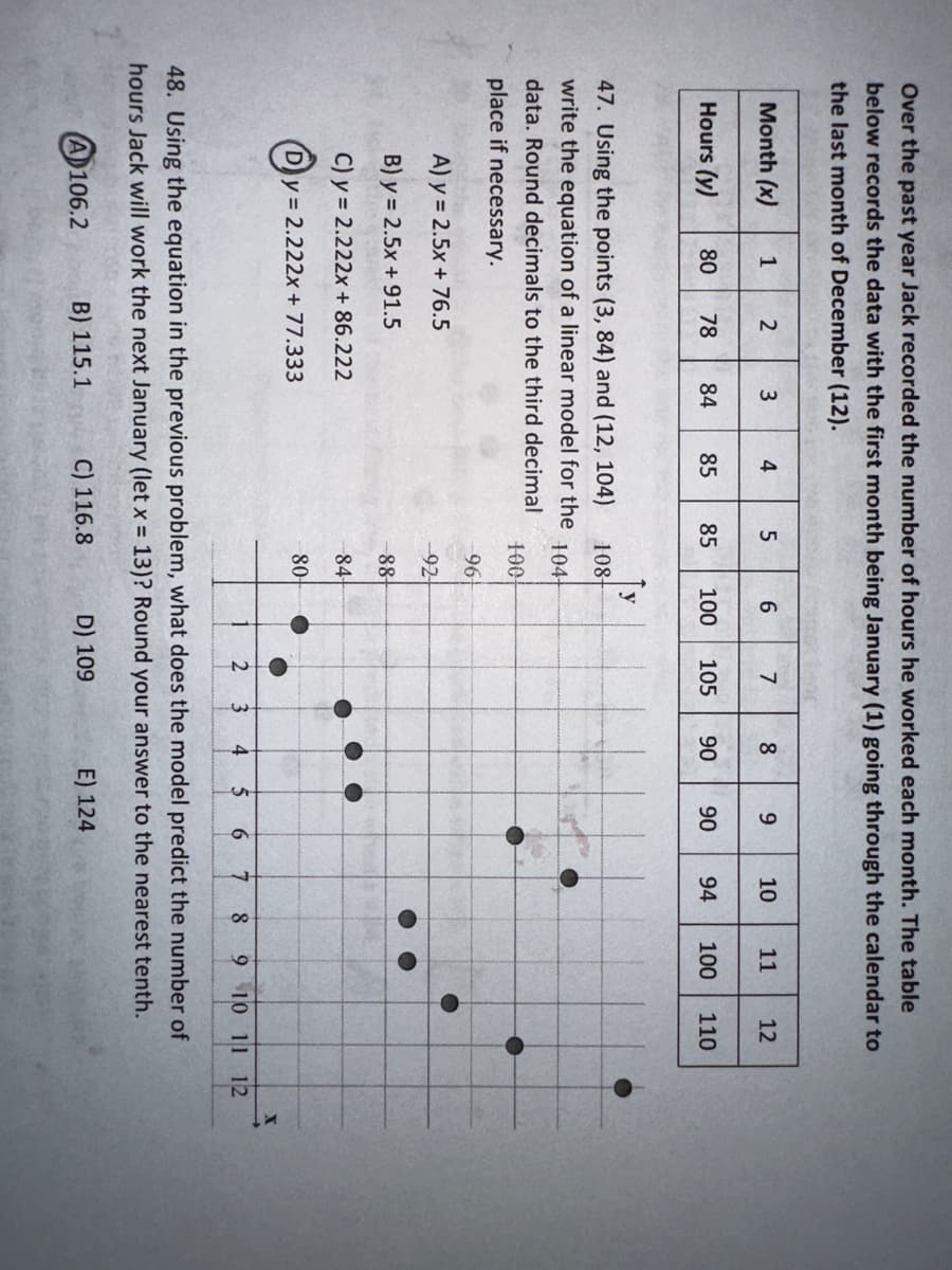 Over the past year Jack recorded the number of hours he worked each month. The table
below records the data with the first month being January (1) going through the calendar to
the last month of December (12).
Month (x)
Hours (y)
1
2
3
4
80 78 84 85
A) y = 2.5x + 76.5
B) y = 2.5x + 91.5
C) y = 2.222x + 86.222
O y = 2.222x + 77.333
5
85
47. Using the points (3, 84) and (12, 104)
write the equation of a linear model for the
data. Round decimals to the third decimal
place if necessary.
108-
104
100
96
-92-
-88-
84-
80-
6
100
y
O
7
O
105 90 90 94
2
8
3
4
9 10 11 12
5
6 7
100 110
8 9 10 11 12
48. Using the equation in the previous problem, what does the model predict the number of
hours Jack will work the next January (let x = 13)? Round your answer to the nearest tenth.
AD106.2
B) 115.1
C) 116.8
D) 109
E) 124